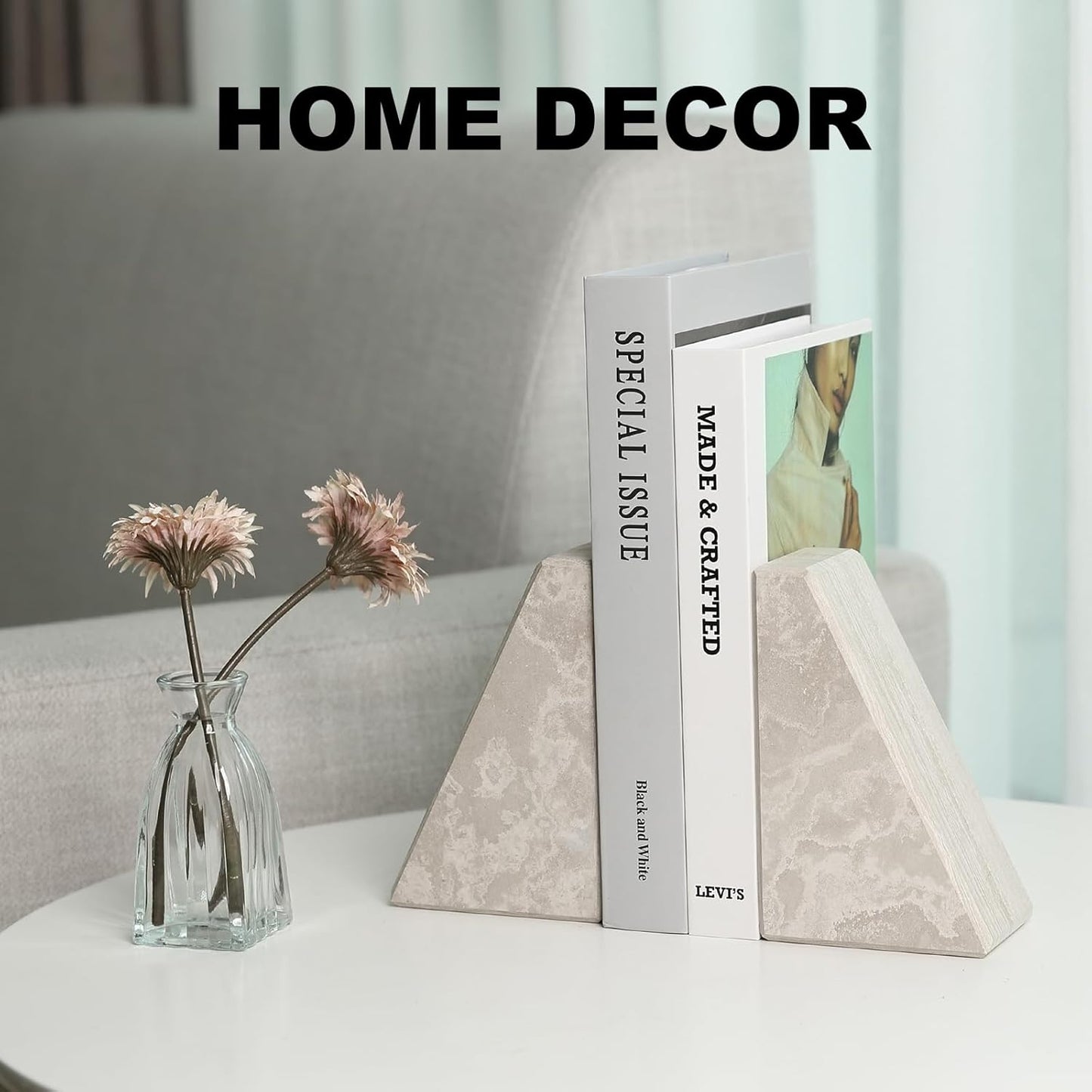 Marble Bookends for Heavy Books, Decorative Book Ends for Shelves, Durable and Heavy-Duty Bookends for Hardback Book & CDS, Off-White Unique Books Stopper & Holder, Set of 2