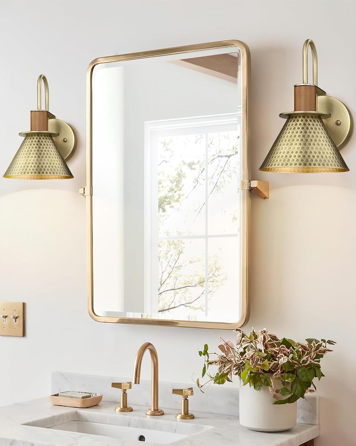 Barn Sconce Wall Lighting, HWH Gooseneck Wall Sconces Indoor Wall Lights, 1-Light Vanity Wall Lamp for Bathroom Bedroom Bedside Kitchen, Hammered Metal Shade, Antique Brass Finish, 5HZG74B BG