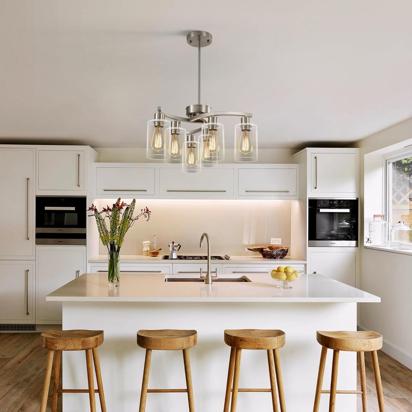 6-Light Brushed Nickel Chandeliers for Dining Room Light Fixtures Over Table, Adjustable Height Hanging Industrial Pendant Lighting for Kitchen Island Bedroom, Clear Glass Shade