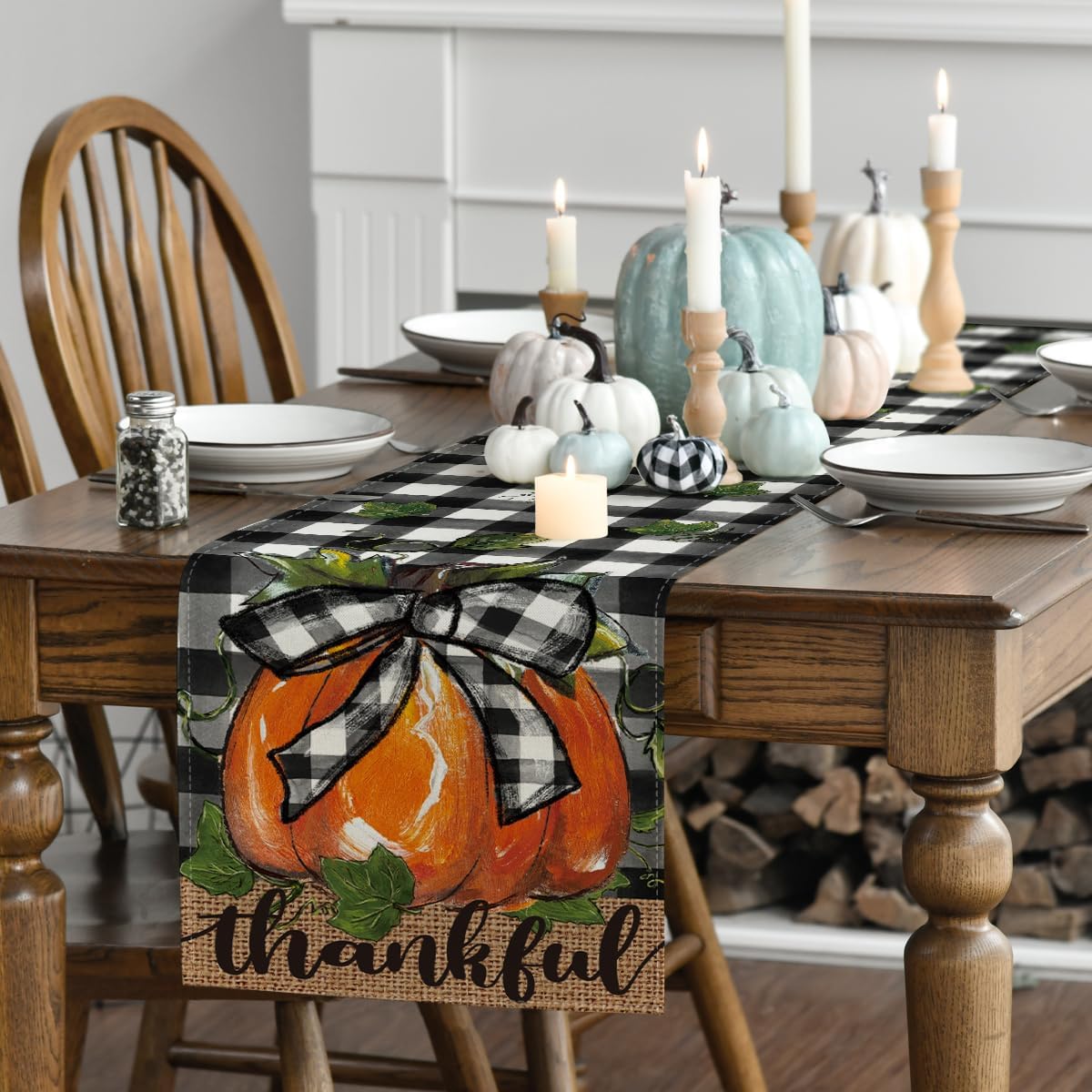 Artoid Mode Buffalo Plaid Bowknot Pumpkin Thankful Fall Table Runner, Autumn Thanksgiving Kitchen Dining Table Decoration for Home Party Decor 13x90 Inch