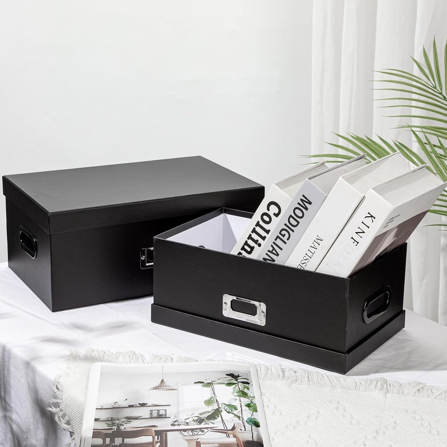 Briful Decorative Storage Boxes with Lids Set of 2 – 14'' + 13'' Set Rectangular Nesting Boxes – Cardboard Organizer with Lift-Top Lid – Black Wood for Home & Office