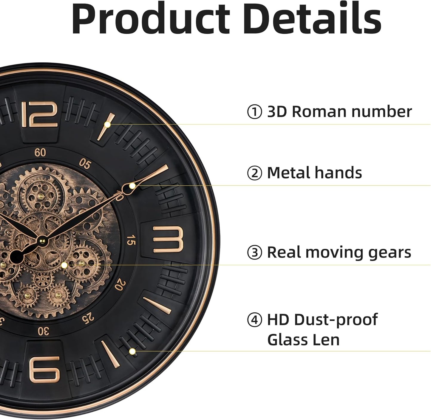 20in Large Real Moving Gears Wall Clock for Living Room, Battery Operated Wall Clocks Decorative Vintage, Home Office Clock, Gift for Family, Friends