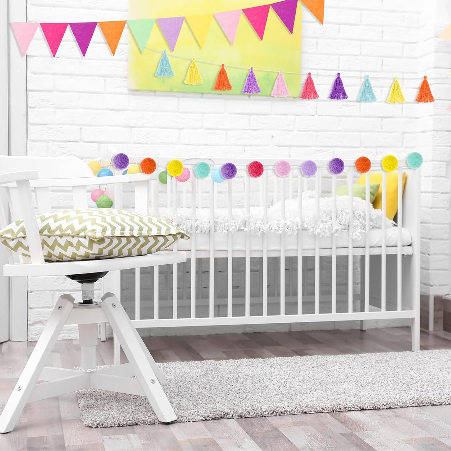 Irenare 9.8 ft Pom Pom Garland Felt Colorful Tassel Banner Christmas Party Pompoms Garland Decorations Felt Pennant Banner for Classroom Home Mantel Fireplace Birthday(Candy Color)