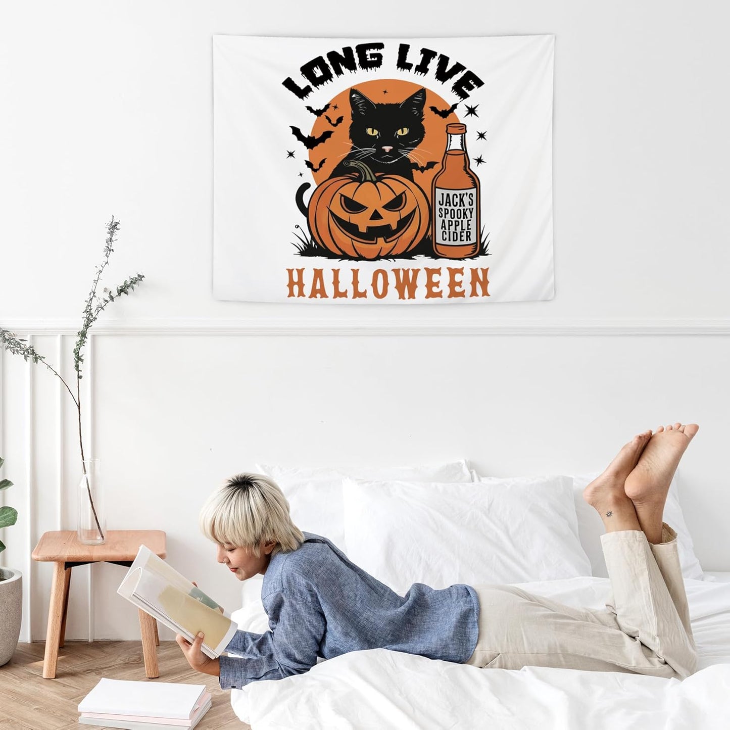 NATSUNO Halloween Tapestry, Long Live Halloween Wall Tapestry for Bedroom, Trendy Black Cat Pumpkin Apple Cider and Bats Tapestries Wall Hanging for Home Living Room Decor, 50x60 Inches