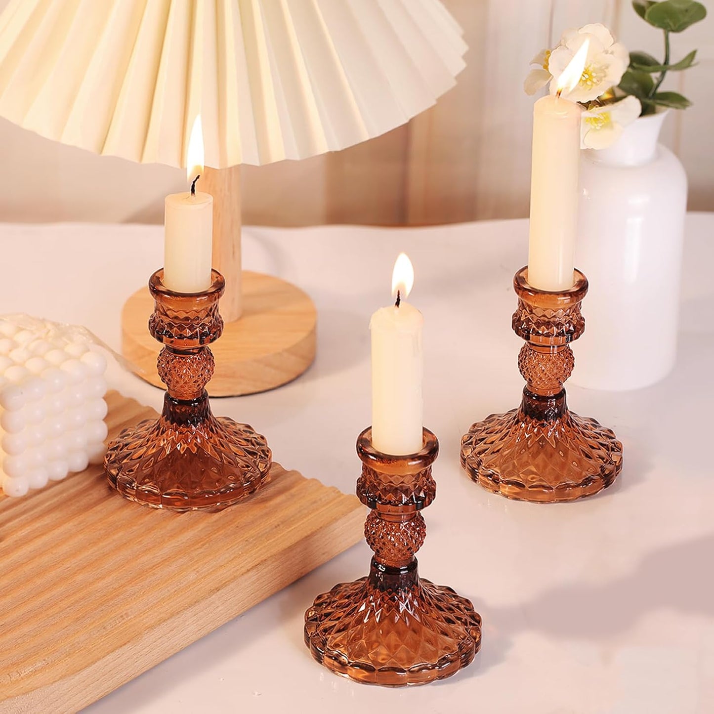 12Pcs Amber Candlestick Holders Set- 4" H Taper Candle Holders Bulk, Glass Candle Holders for Wedding, Party, Fall Dinner Table Centerpieces, Festival Gifts & Windowsill Decor