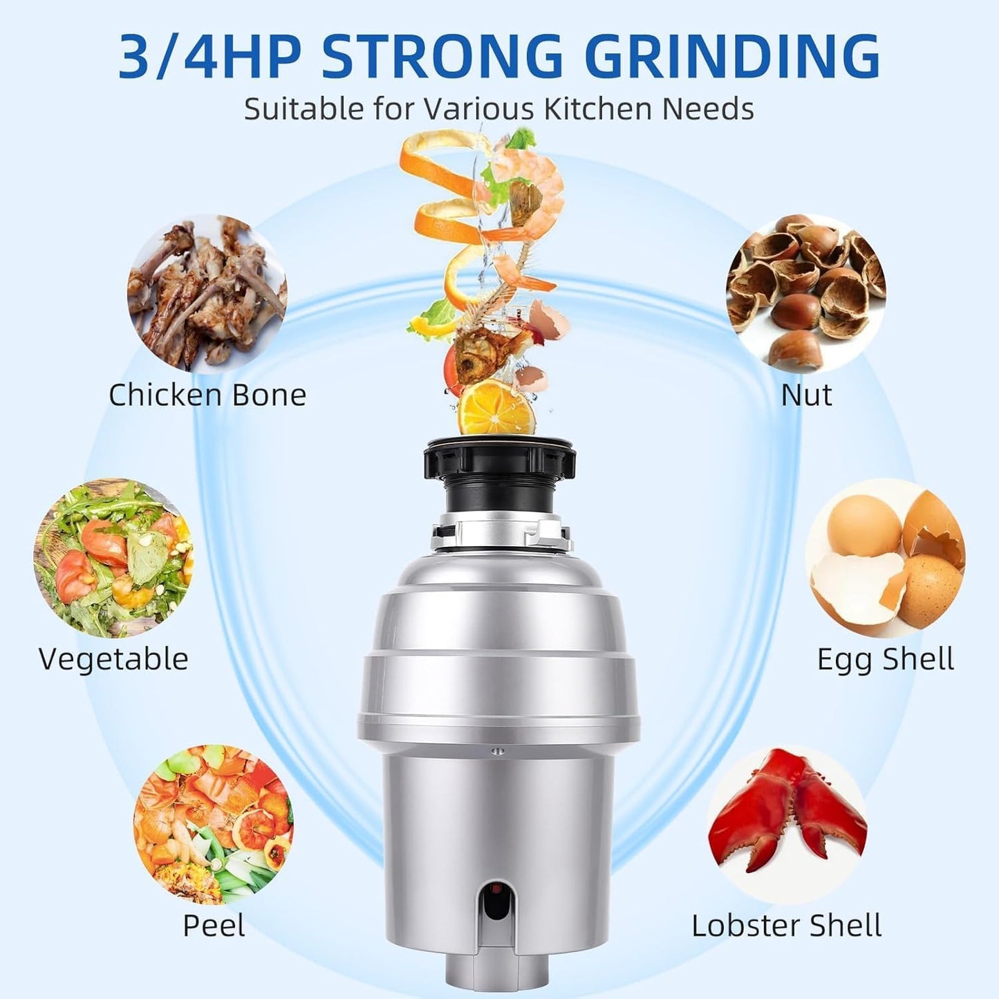 Powerful 3/4HP Stainless Steel Garbage Disposer, Dishwasher-Friendly and Continuous Feeding Waste Disposer, Grinding Material Four-Stage Grinding, Silver