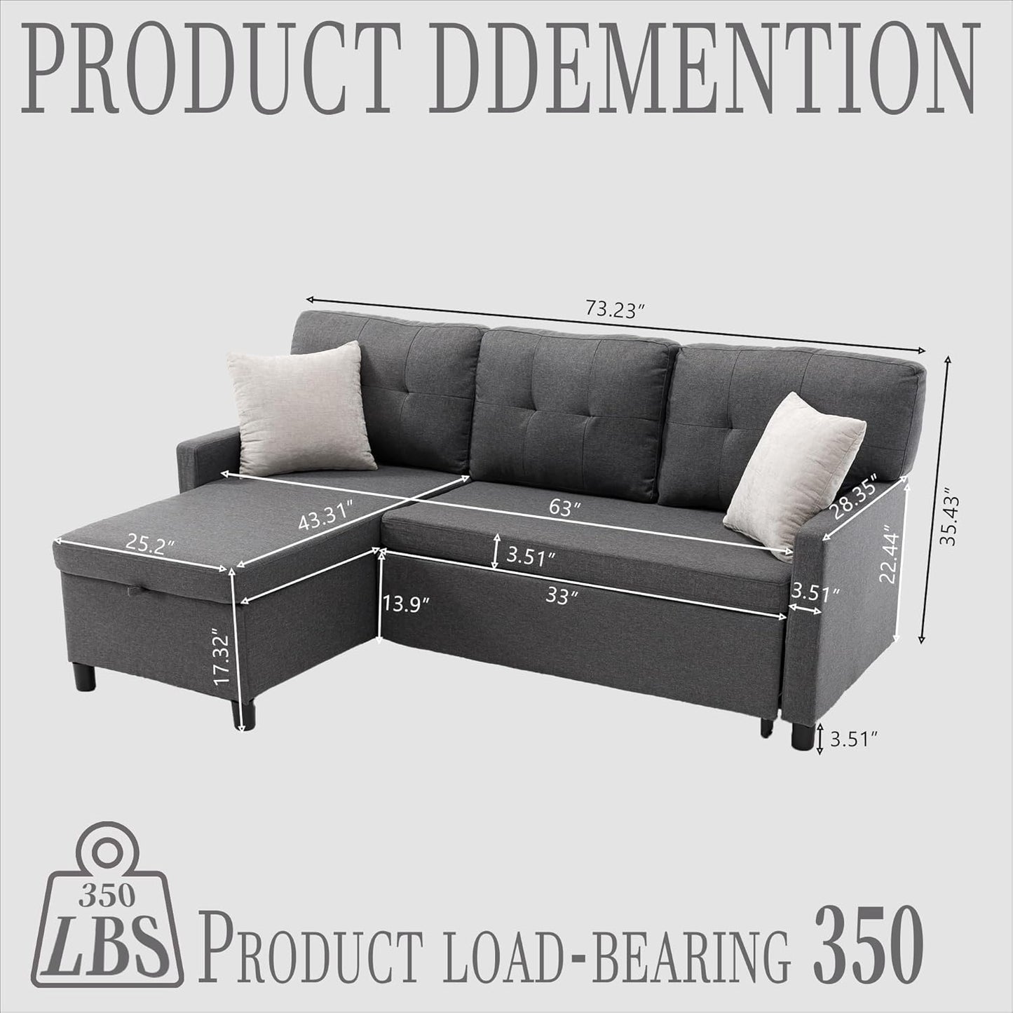 Pull Out Couch, Oversized Sleeper Sofa Couch, Sectional Sleeper Sofa Bed for Living Room Bedroom Lounge (Grey, 73 Inch)