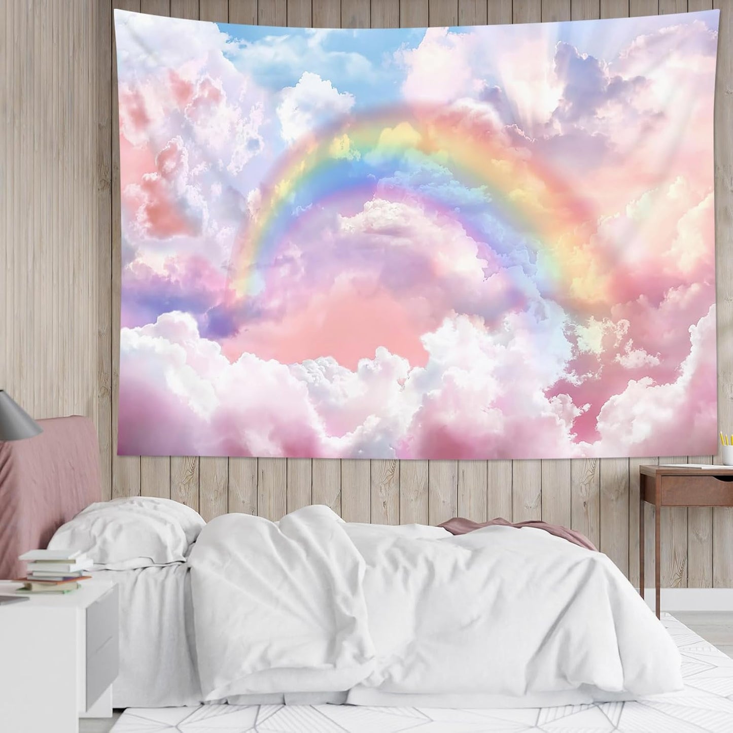 HVEST Rainbow Cloud Tapestry Wall Hanging - Pink Cloud With Glow Sunshine in Pastel Sky, Aesthetic Nature Landscape for Living Room Bedroom Decor, 80x60 Inches