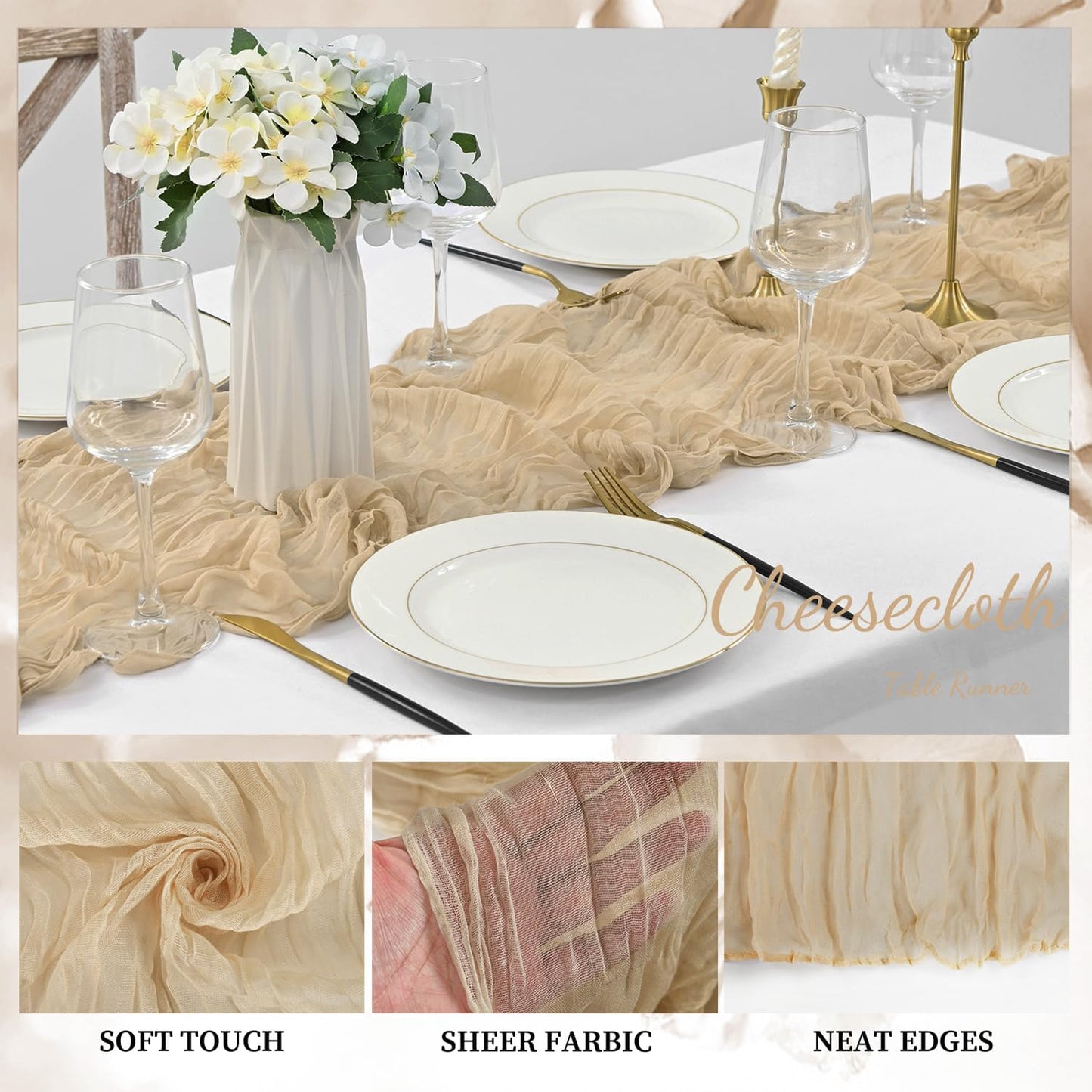 Sand 20 Pack 10FT Cheesecloth Table Runner 20 x 120 Inch Long Rustic Gauze Cheese Cloth Table Runner for Wedding Bridal Baby Shower Table Decorations Boho Fabric Sheer Birthday Party Table Decor