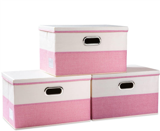 PRANDOM Large Collapsible Storage Bins with Lids [3-Pack] Fabric Foldable Storage Boxes Organizer Containers Baskets Cube with Cover for Home Bedroom Closet Office Pink&Cream(17.7x11.8x11.8)
