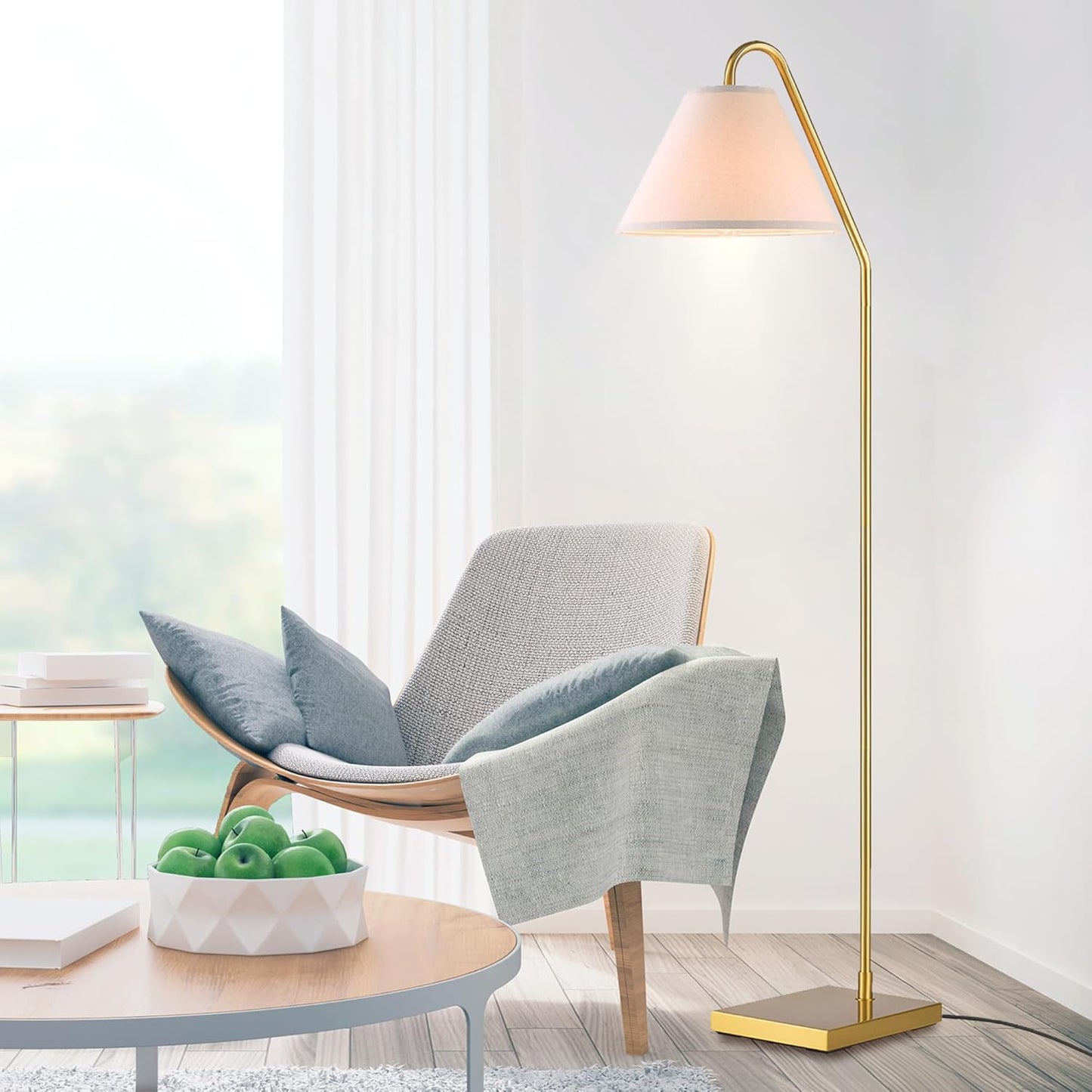 GLOBE Electric 61000147 62" Floor Lamp, Matte Brass, Beige Fabric Shade, On/Off Rotary Switch on Socket, 6-Foot Clear Cord, Reading Light, Bedroom, Living Room, Home Decor