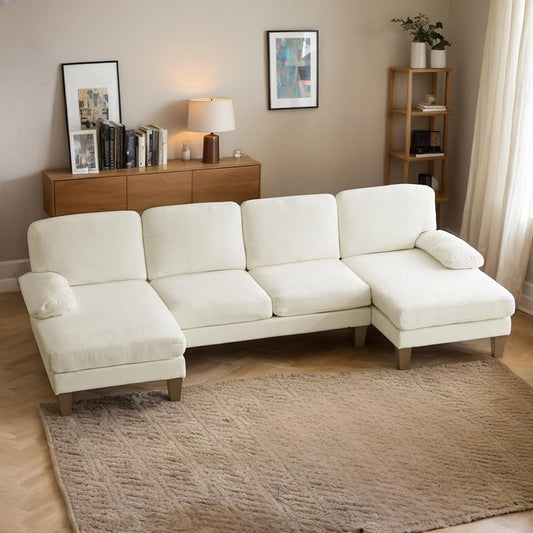 Karl home U-Shape Sectional Sofa Couch 111" Modern 4-Seat Sofa with Chaises Chenille Fabric Upholstered Covertible Couch with Wood Grain Legs for Living Room, Reception Room, Apartment, Beige