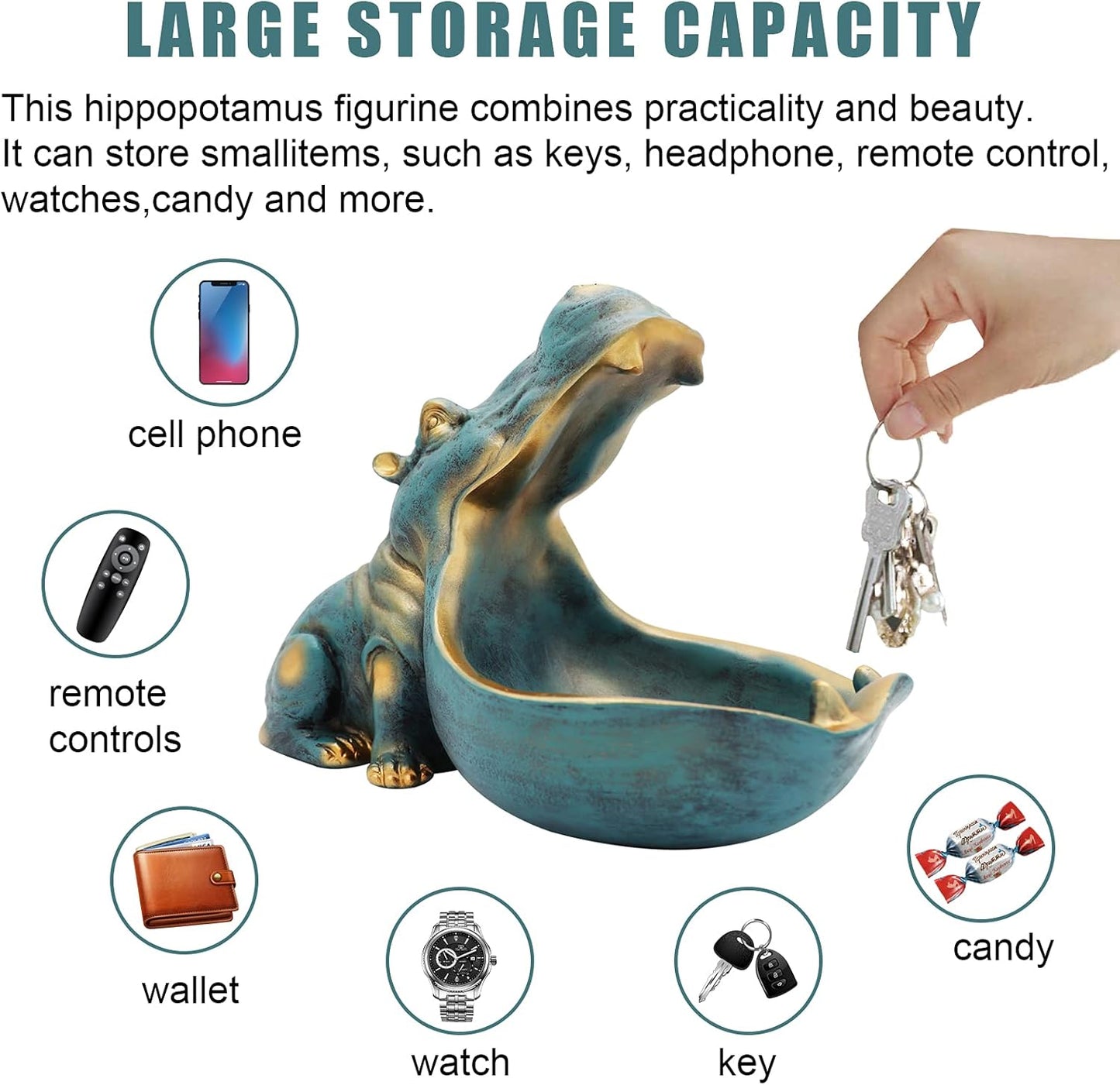 aboxoo Hippo Statue,Large Hippopotamus Figurine Home Sculpture with Resin, Hippo Candy Jar, Candy Dish Bowl for Office Desk, Key Bowl for Entryway Table,Container Storage Art Decor Box(Dark Blue)