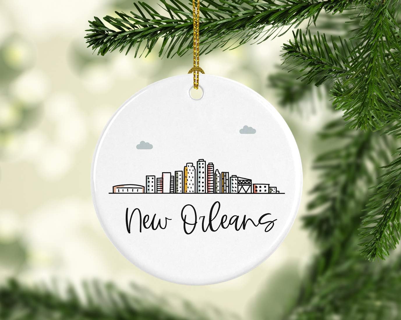 Andaz Press Round Ceramic Porcelain Christmas Tree Ornament Keepsake Gift, New Orleans, Colorful City Skyline Graphic, 1-Pack, Birthday Ideas Family Coworker Him Her, Includes Gift Box