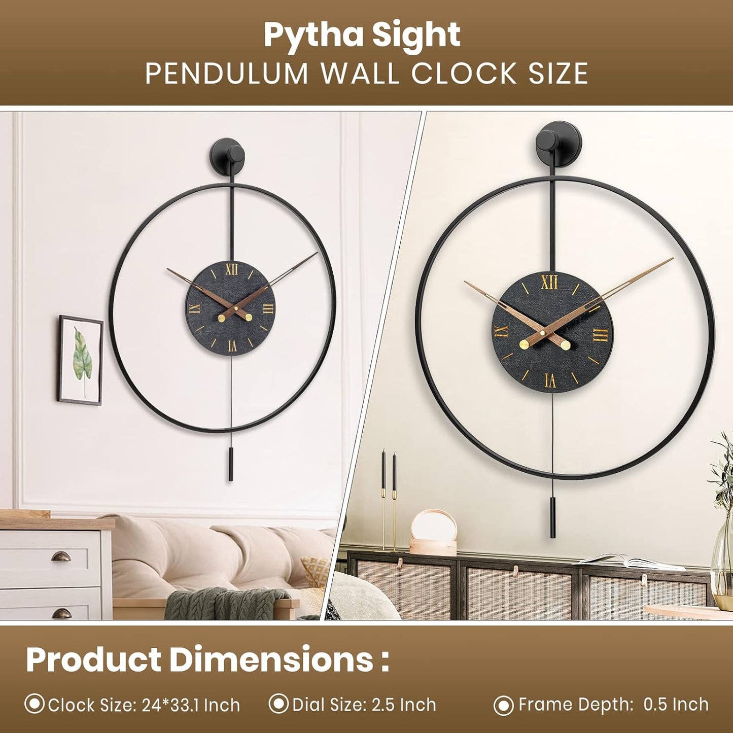 Large Modern Wall Clock,Wall Clocks for Living Room Decor,Classical Silent Metal Minimalist Walnut Dial,Big Decorative Farmhouse Pendulum Wall Clock With Walnut Pointers for Office,Dining Room