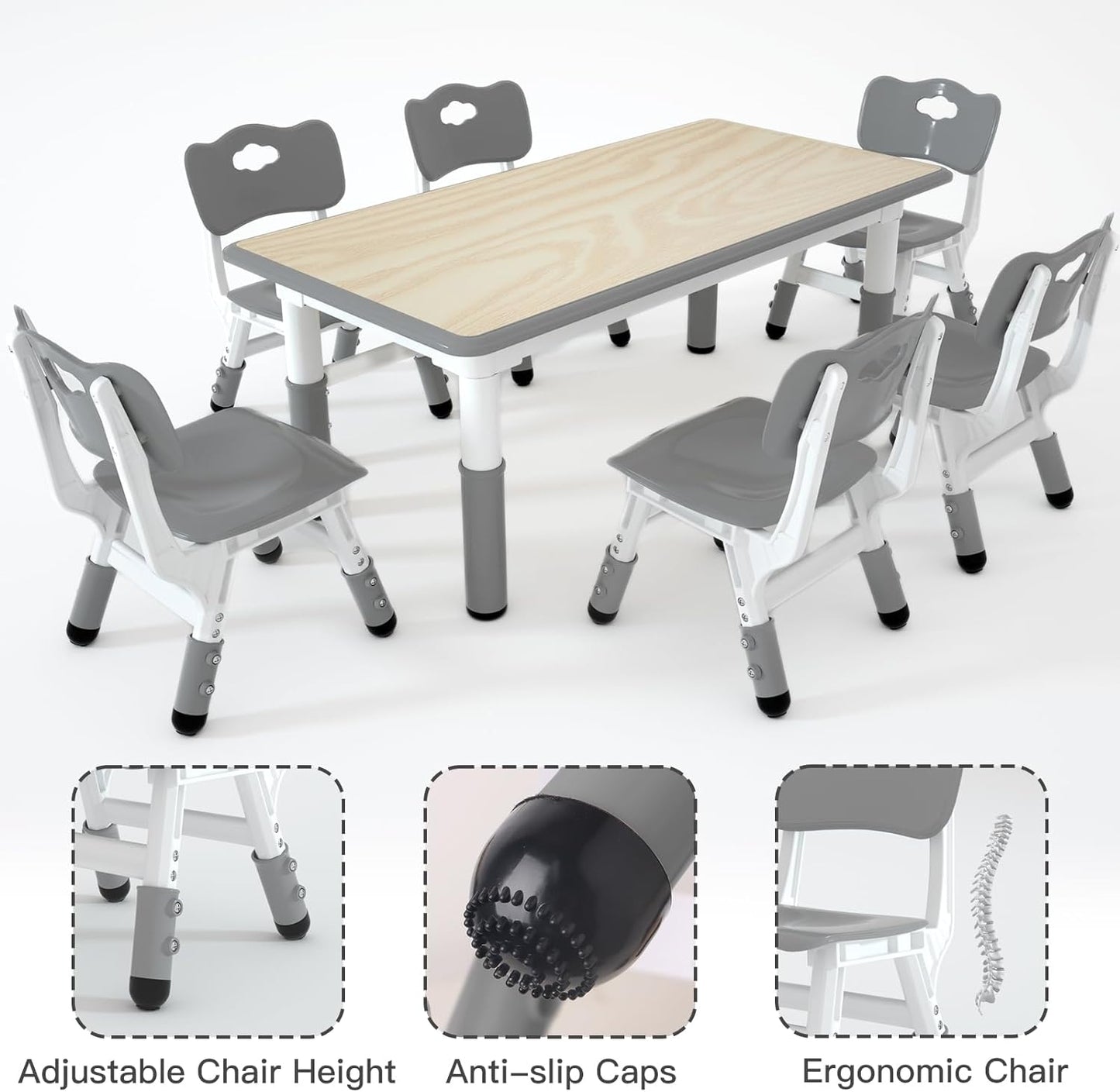 Kids Study Table and 6 Chairs Set,Height Adjustable Table and Chairs for Children and Toddlers,47.2"X23.6"Graffiti Desktop,Suitable for Daycare,Classrooms, Home