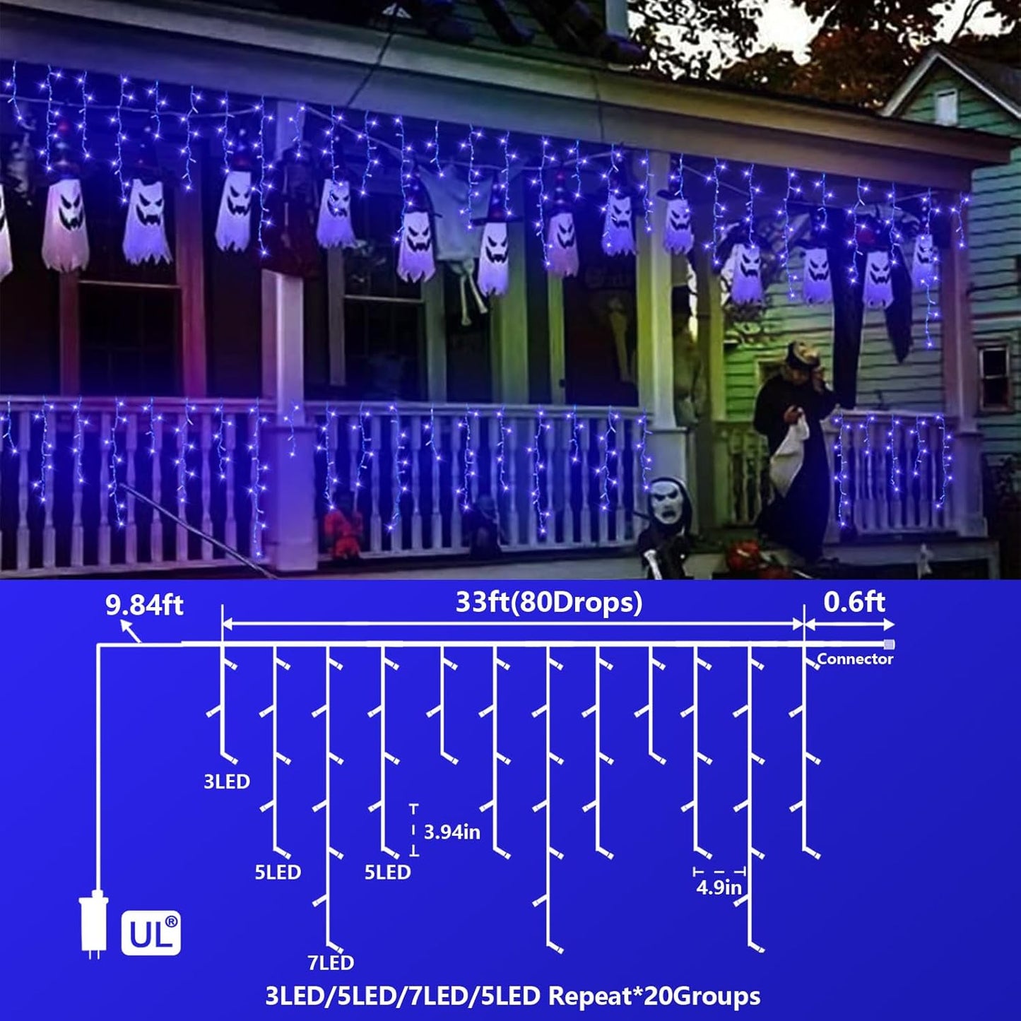 QITONG Blue Icicle Lights for Outside, 33ft 400 LED Icicle Light Plug in with 8 Modes, 160 Drops Clear Wire Connectable Christmas Lights Indoor Plug in