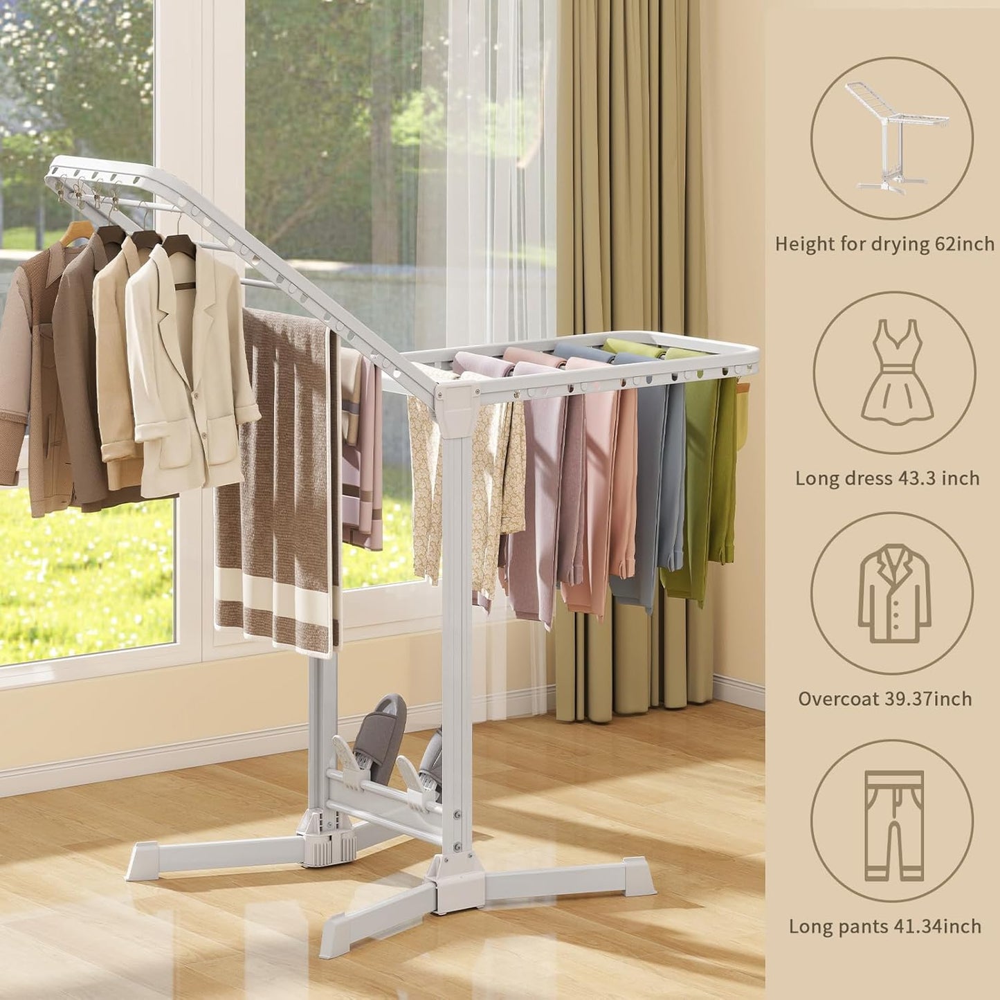 Heavy Duty Clothes Drying Rack Foldable, Aluminum Large Drying Rack Clothing with 2 Height-Adjustable Drying Wings, Laundry Racks for Drying Clothes,Easy to Fold,Indoor Outdoor Use