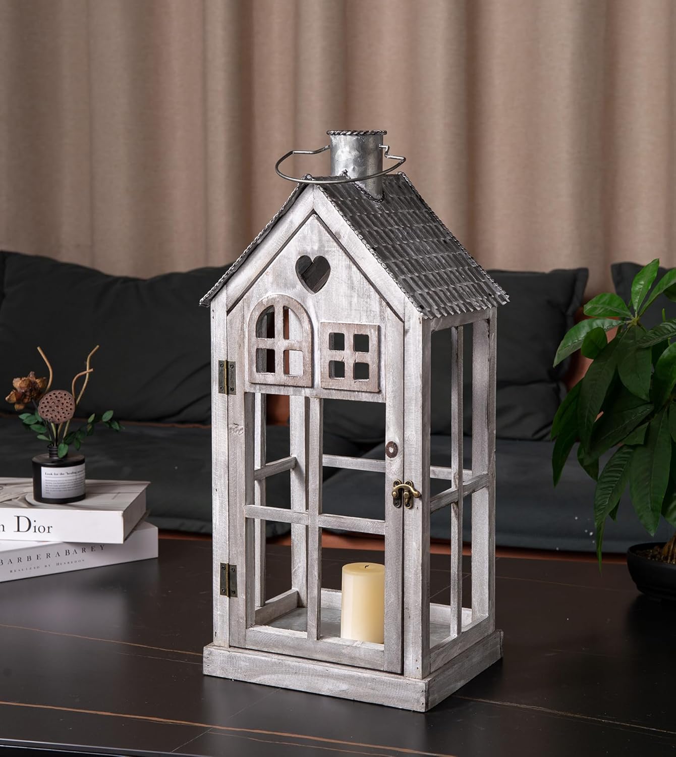 Large Farmhouse Wooden Metal Candle Lantern Set of 2, Rustic Decorative Floor Lanterns, Indoor/Outdoor Village Houses Lantern for Home Decor (No Glass)