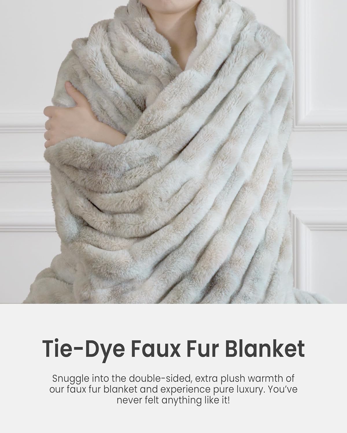 Faux Fur Blanket, Throw Blanket for Couch, Fluffy Blanket with Stretch Ruched Design, Ultra Soft Giftable Home Decor, 50x60 inches, Tie-Dyed in White and Gray