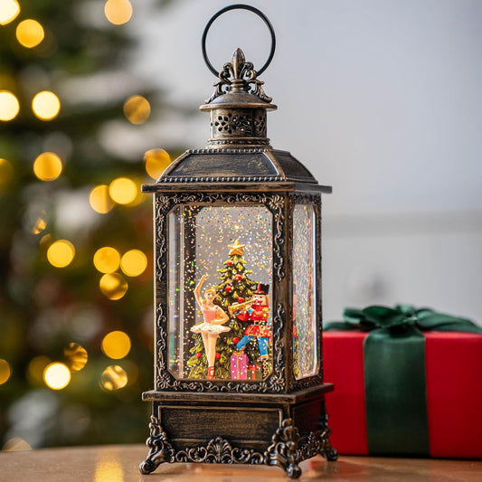 Christmas Snow Globe Lantern Water Glittering Nutcracker Ballerina with Music & Timer, USB Lined/Battery Operated Lighted Lantern for Christmas Festival Decoration Gifts