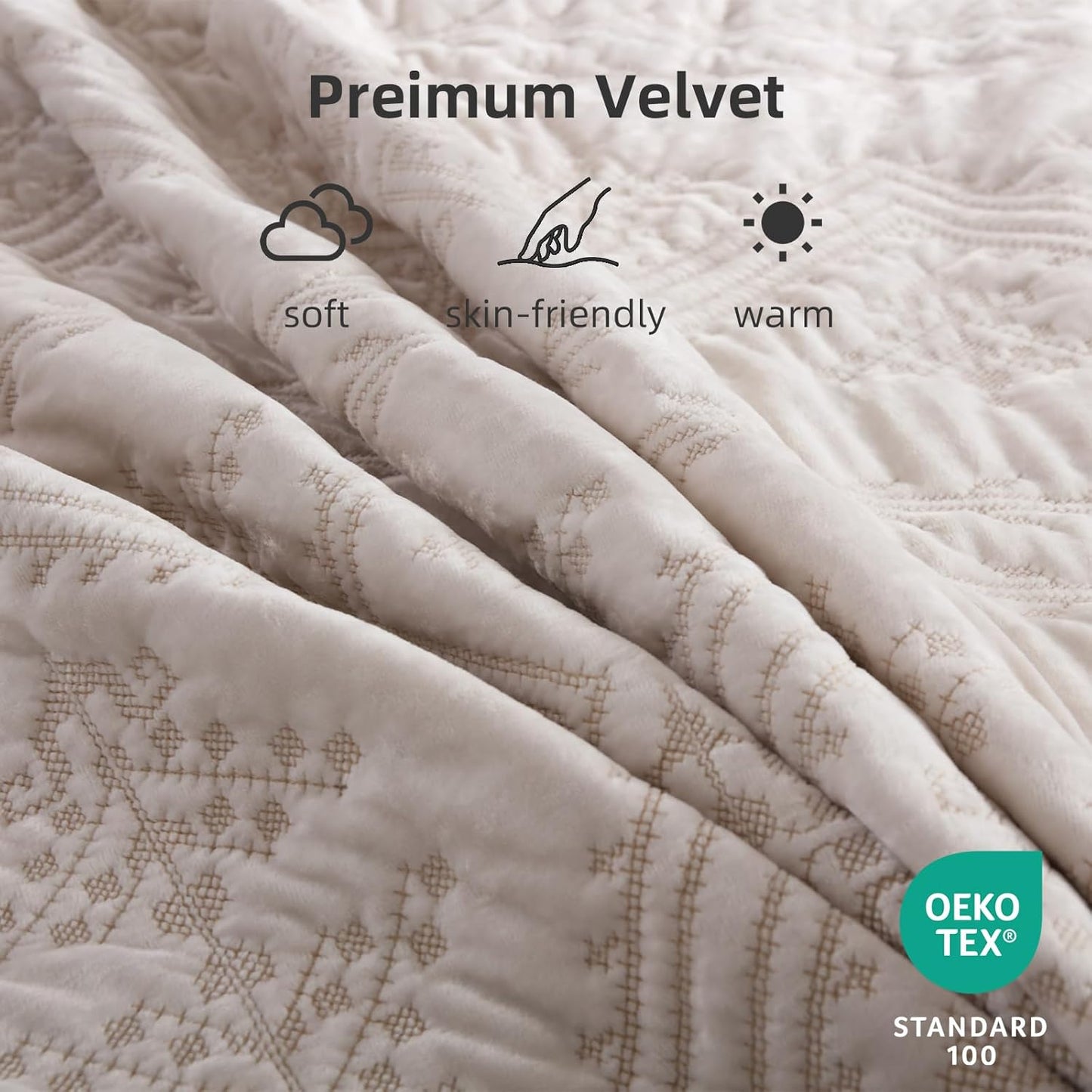 Yvooxny 3-Piece Quilt Set Queen Size Velvet Embroidery Quilted Bedspread Coverlet Set Bedding Set with Pillowcases for All Seasons, White, 98 * 90 Inches