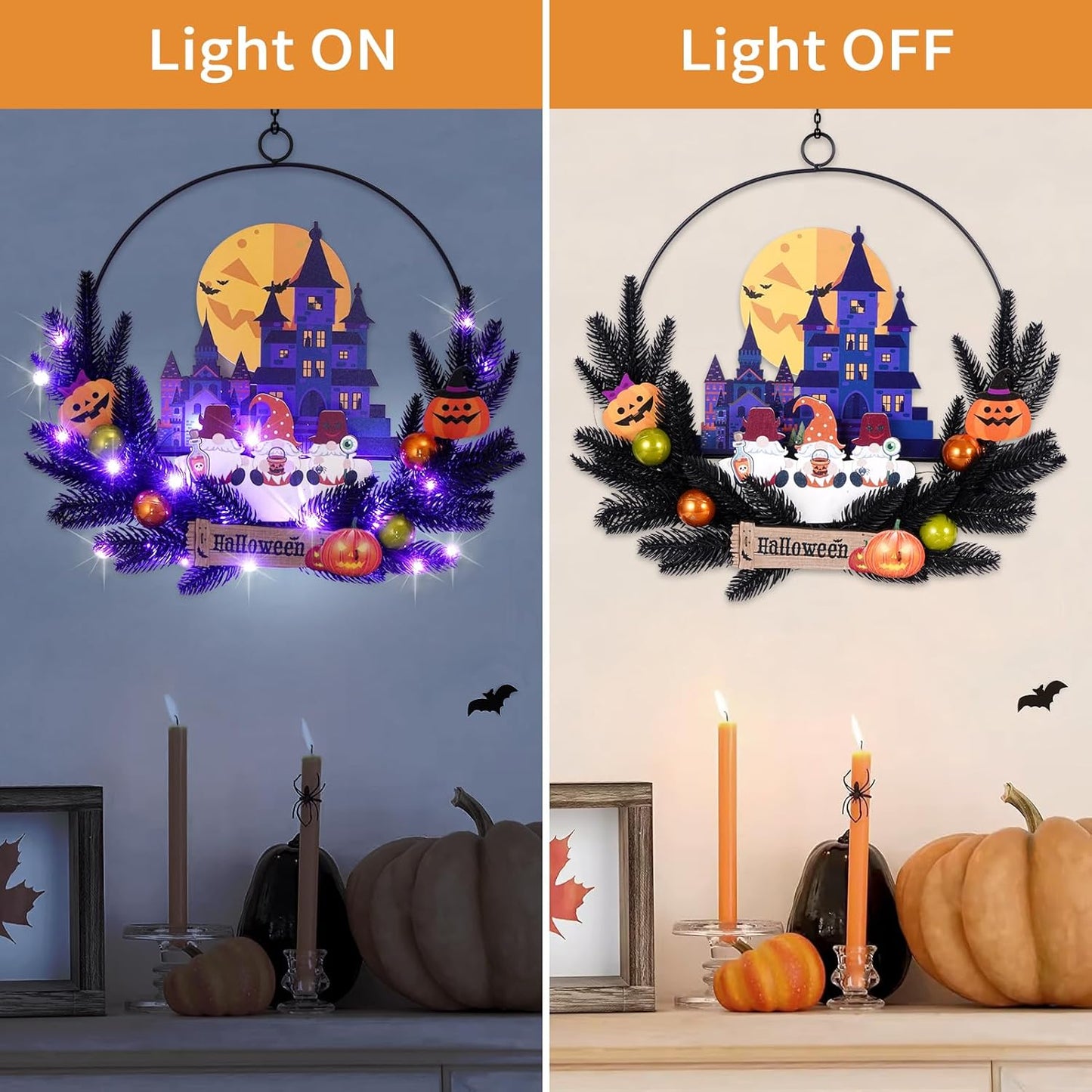 Lighted Halloween Wreaths for Front Door, Welcome Metal Wooden Door Wreath Decor Hanging Sign, 30 LED Lighted Wall Decor Battery Operated for Halloween Indoor Outdoor (Dwarf)