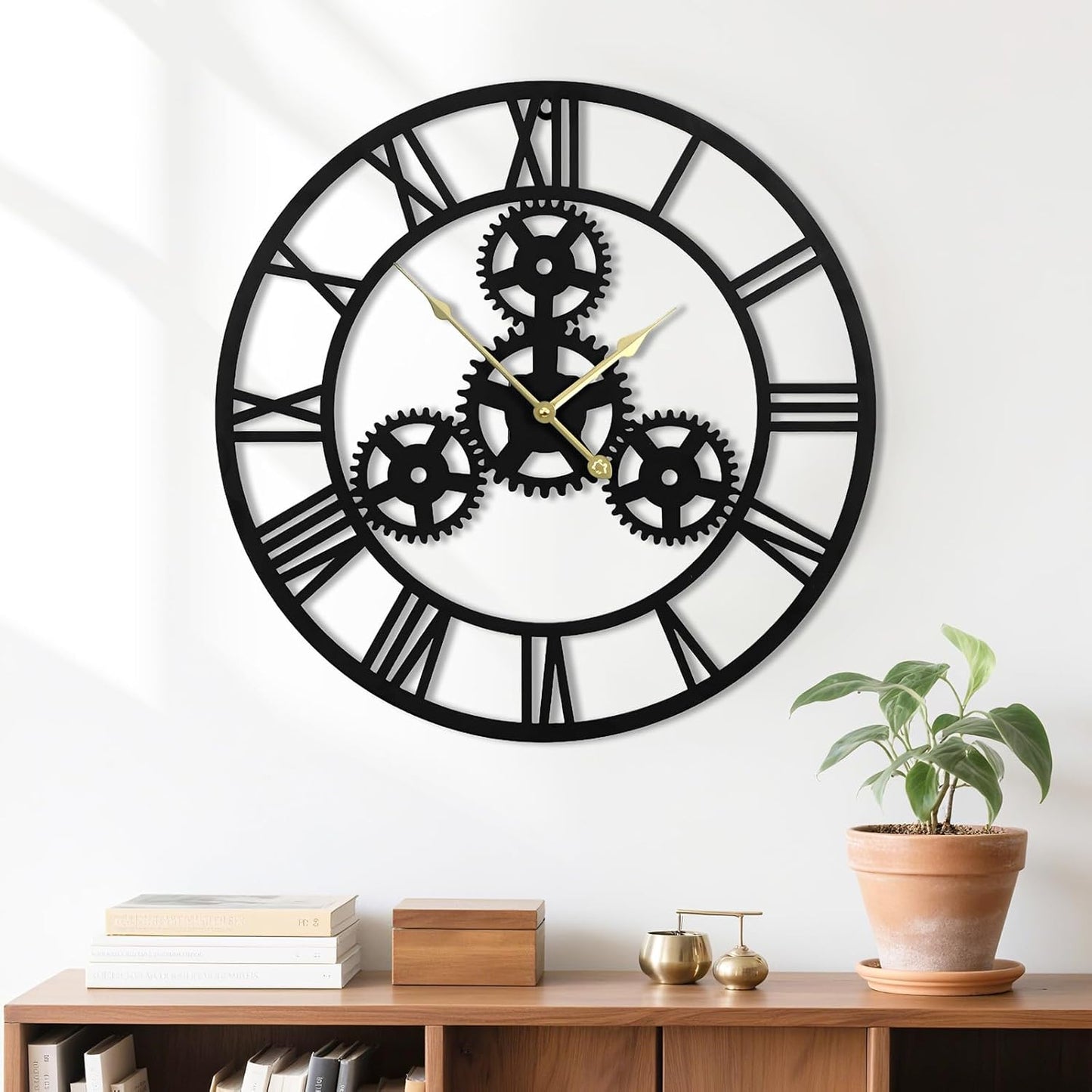 20inchesWall Clocks for Living Room Deco Metal Non Ticking Silent Battery Operated Roman Numeral Oversized Gear Wall Clocks for Bedroom Kitchen Fireplace Office Farmhouse