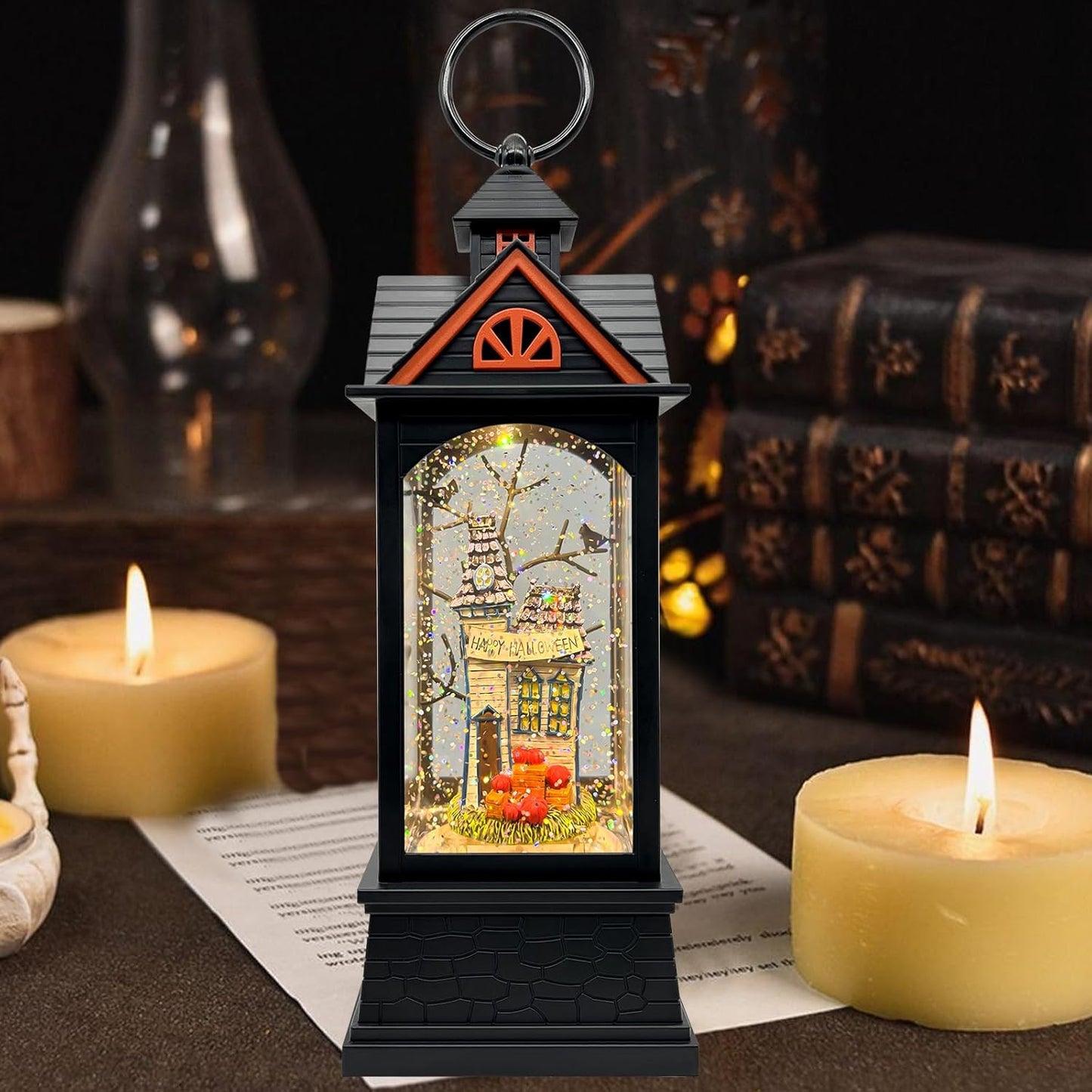 Halloween Snow Globe Lantern with 6 Hour Timer,Halloween Decorations Indoor for Home,Halloween Decor,USB or Battery Powered for Halloween Lanterns,Halloween Spooky Town