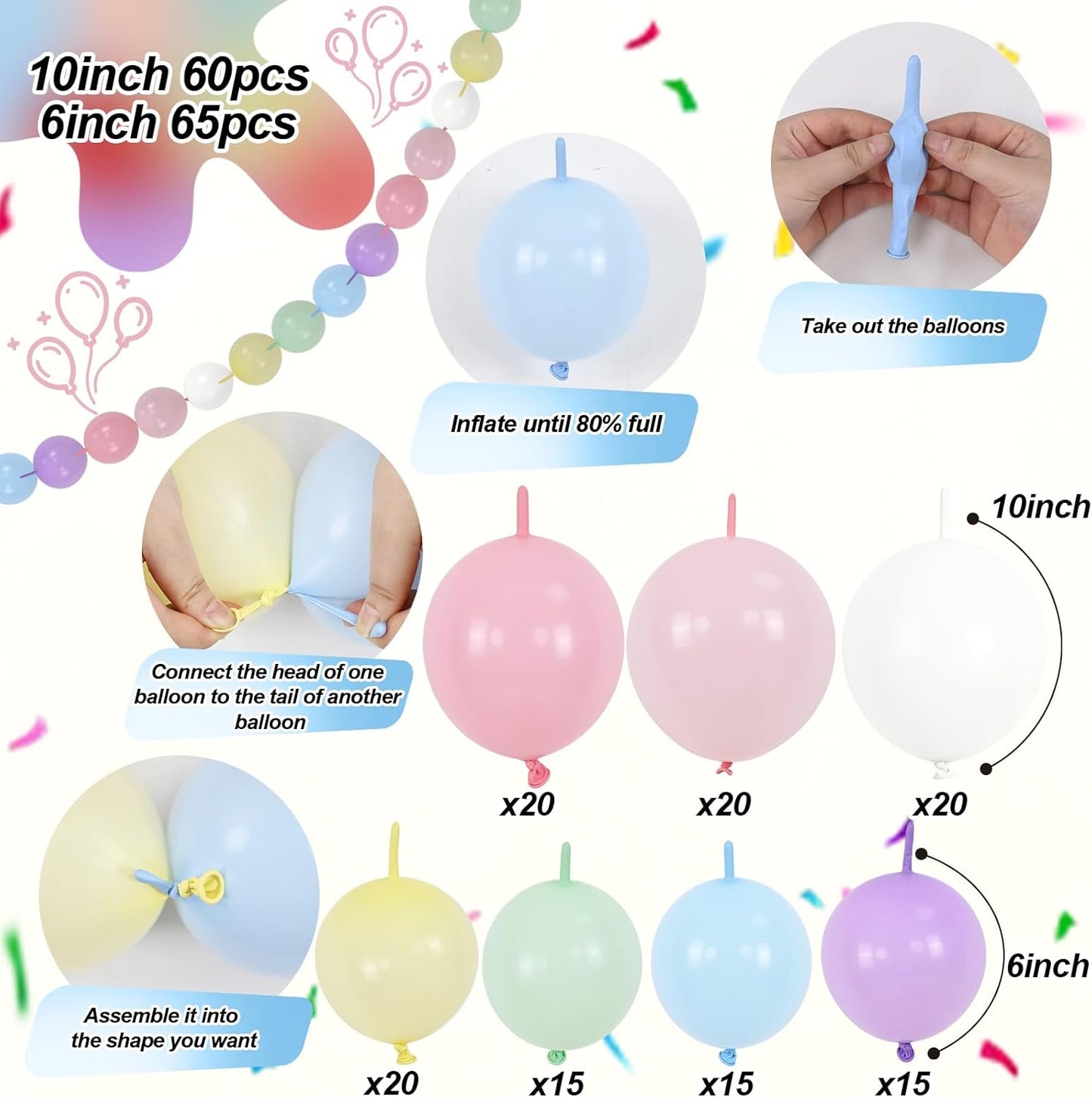 Rainbow Linking Balloons, 130PCS Colorful Quick Link Balloons Assorted, Multicolor Connecting Balloon Arch Kit for Kids Girls Baby Shower Easter Rainbow Unicorn Theme Birthday Party Decorations