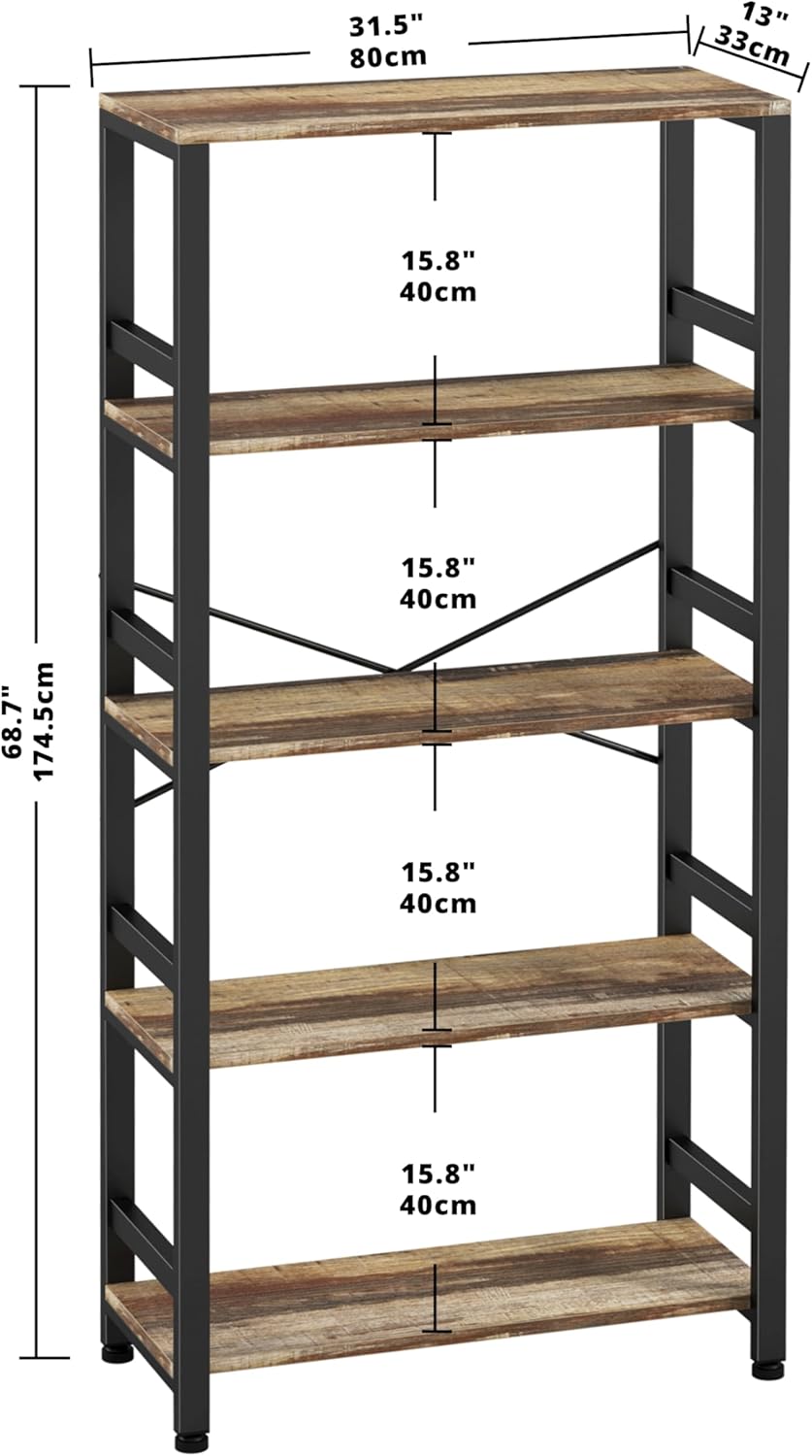 IRONCK Bookshelves and Bookcases, 31.5in Wide Shelf 5-Tier Ladder Shelf 110lbs/shelf Vintage Industrial Style Bookcase for Bedroom Living Room Home, Rustics Brown