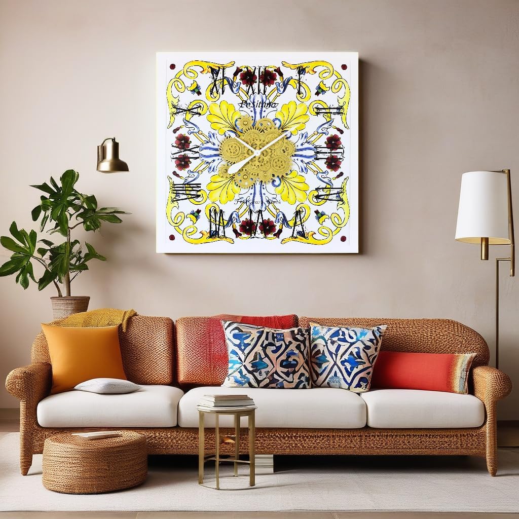 The Gears Clock Wall Clock Italy Collection with Moving Gears (Positano, 36 inch Square)