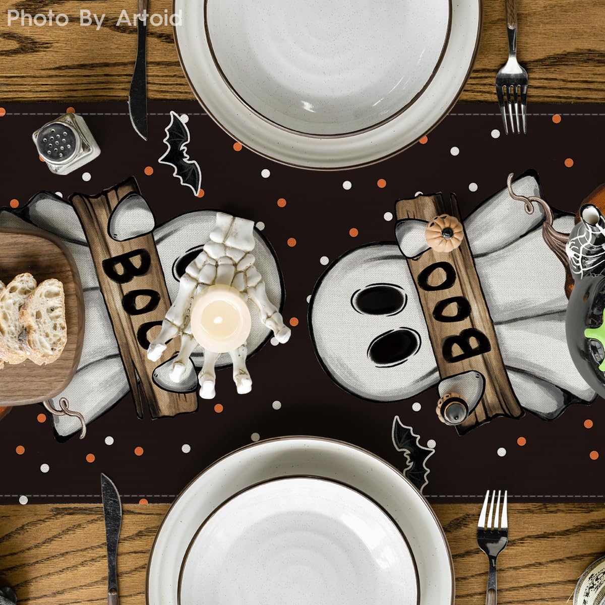 Artoid Mode Polka Dot Ghost Pumpkin Cat Boo Halloween Table Runner, Bat Seasonal Fall Kitchen Dining Table Decoration for Home Party Decor 13x108 Inch