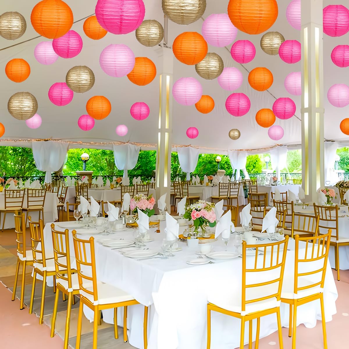 Paper Lanterns Pink Orange Gold Round Hanging Chinese Lanterns for Birthday Party Baby Shower Bridal Shower Decorations Pack of 12