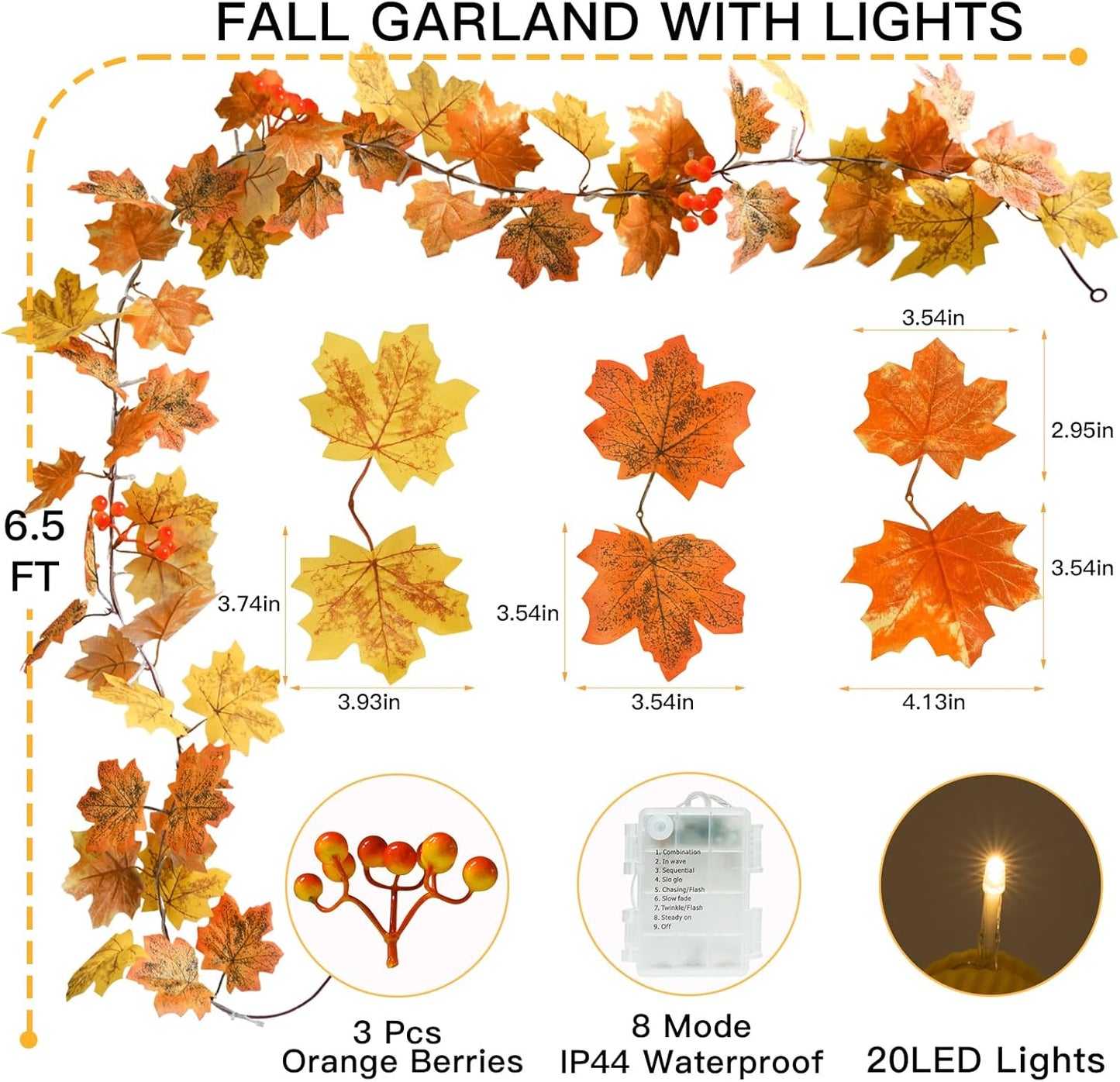 suddus Fall Leaves Garland with Lights, 20LED Battery Operated Fall Lights with Timer, Fall Decoration for Home, Table, Mantle, Office, Outdoor, Autumn, Halloween, Yellow