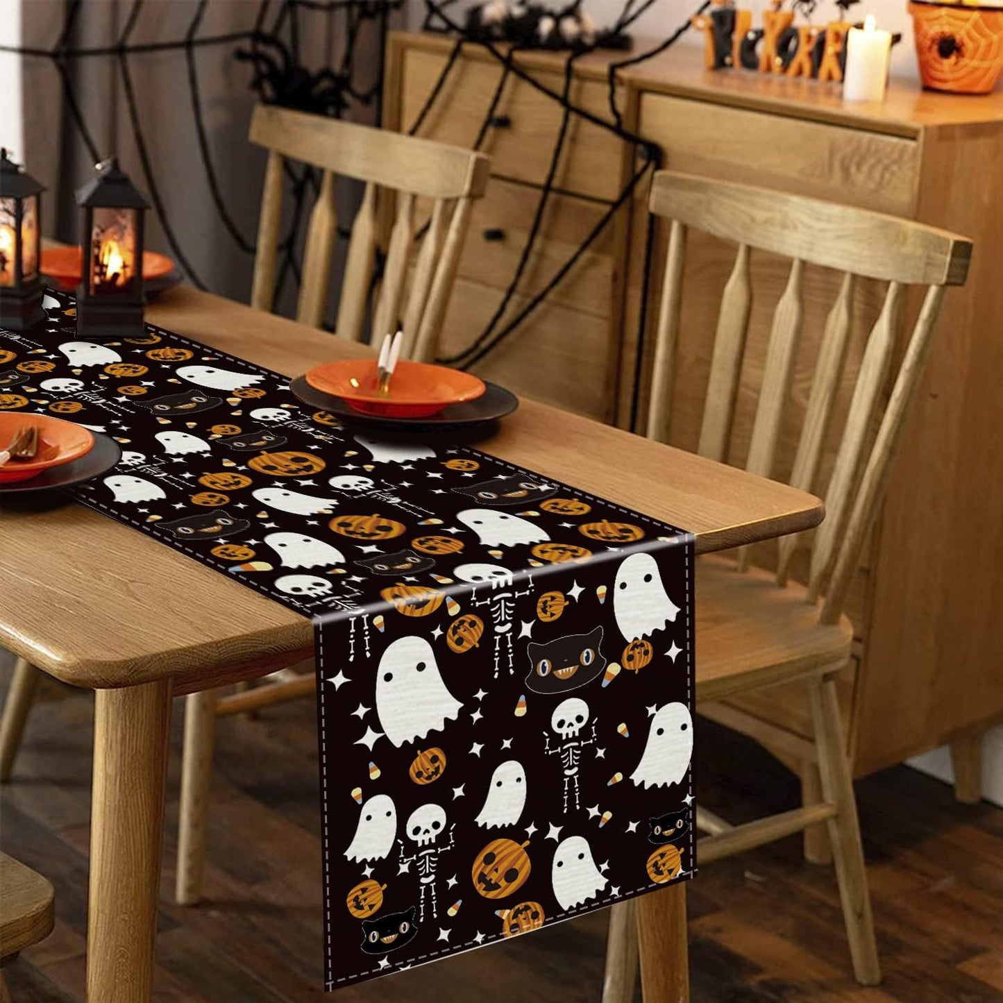 GAGEC Halloween Table Runner Black Cat Pumpkins Seasonal Kitchen Dining Table Home Outdoor Party Decorations (13'' x 108'')