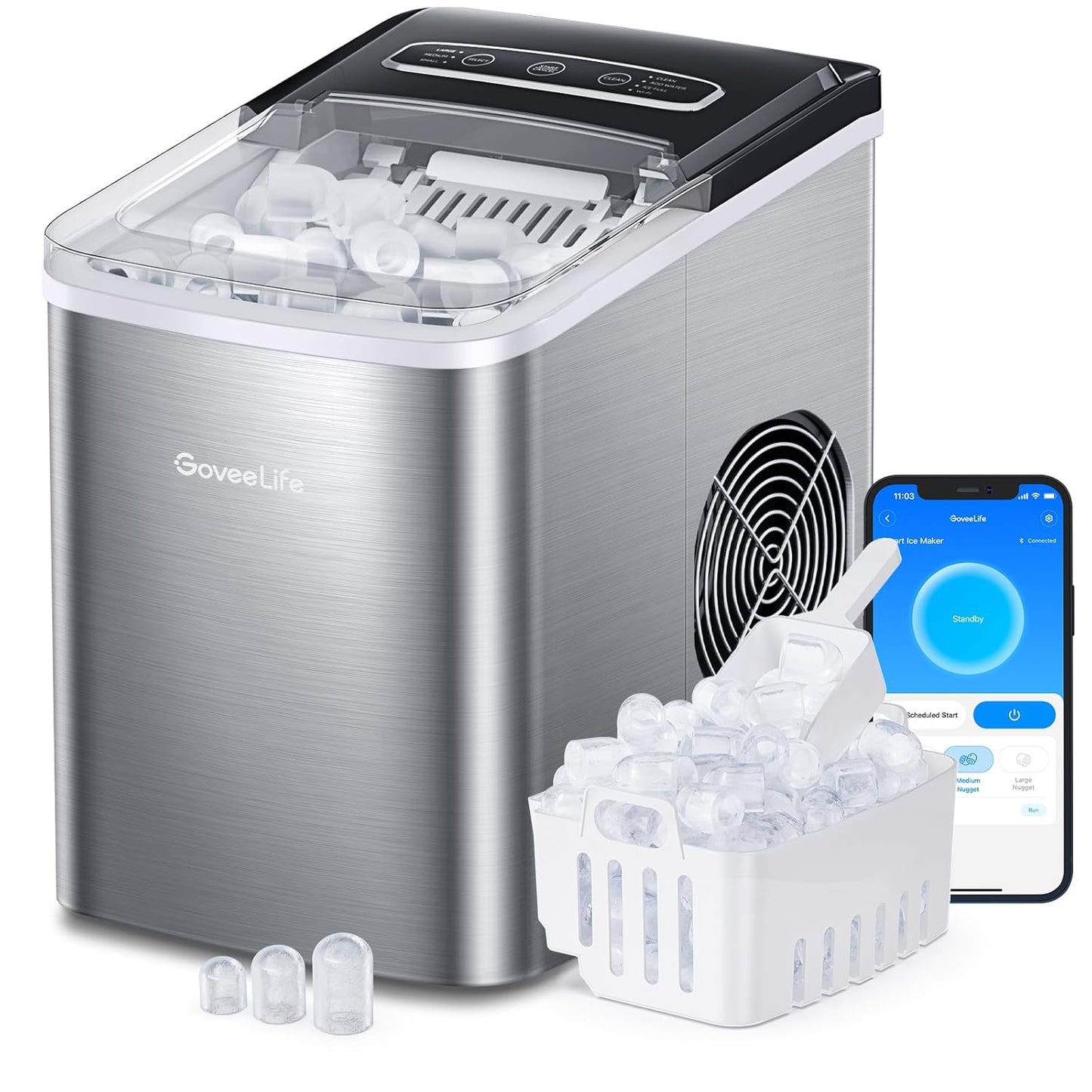 GoveeLife Smart Countertop Ice Makers, Portable Ice Maker Machine with Self-Cleaning, 6 Mins 9 Bullet Ice, 26lbs/24Hrs, Voice Remote for Home Kitchen Party Camping, with Ice Scoop Stainless Silver