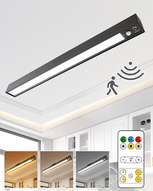 Rechargeable Motion Sensor Ceiling Light, Full Metal Battery Powered LED Closet Light, 3 Color 500LM Dimmable with Remote & Timer, Magnetic Cordless Mount for Shower, Hallway, Garage, Pantry -Black