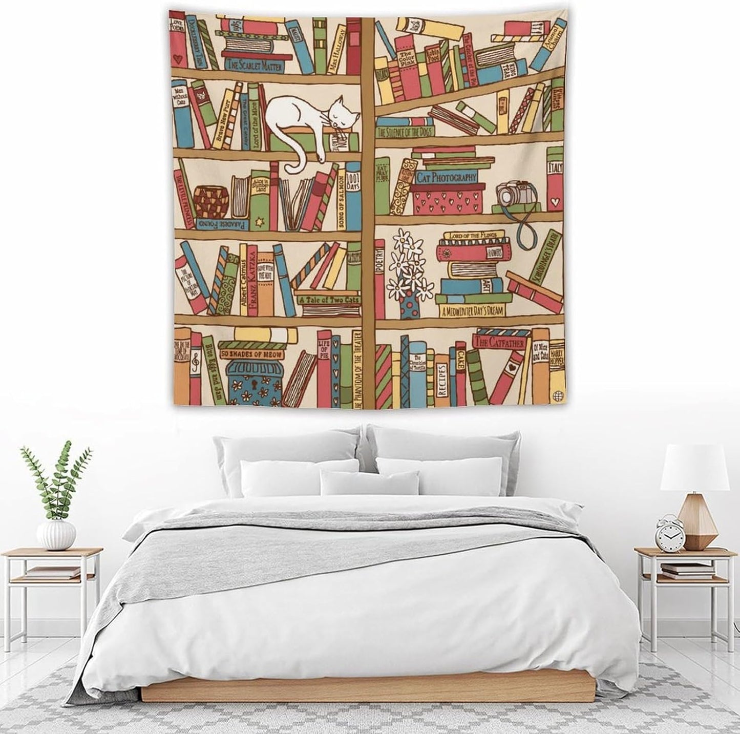 Kurtect Bookshelf Tapestry,Cute Cartoon Cat Sleeping Library Theme Pattern Print Tapestries for Party Beach Picnic Blankets Tablecloths Living Room Wall Deocr, 60x60 in