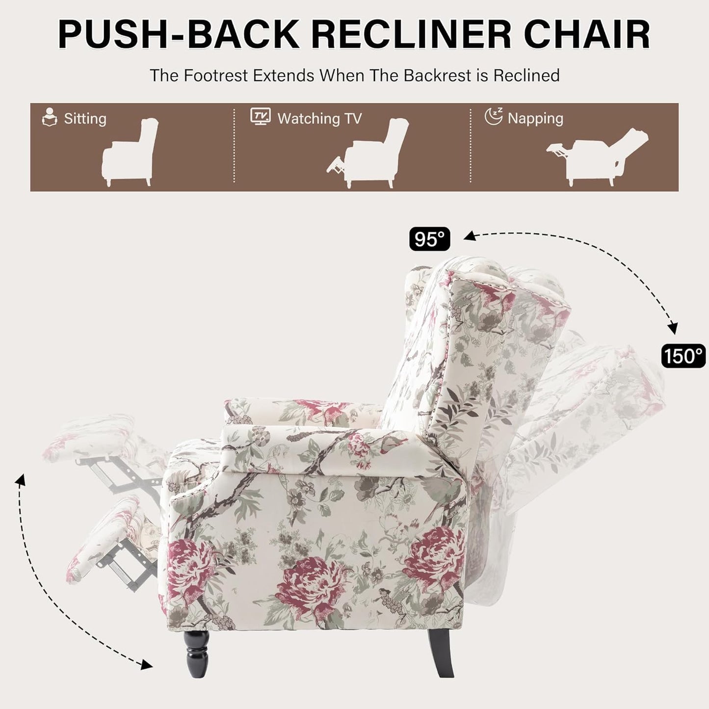 UIXE Pushback Recliner Chair, Fabric Upholstered Armchair Push Back Accent Chair for Living Room, Rivet Trim Home Theater Single Sofa Bedroom Reading Seat with Footrest - Beige Floral