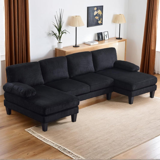 Karl home U-Shape Sectional Sofa Couch 111" Modern 4-Seat Sofa with Chaises Corduroy Fabric Upholstered Covertible Couch with Wood Grain Legs for Living Room, Reception Room, Apartment, Black