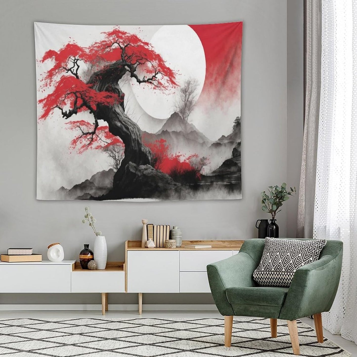 Cherry Blossoms Tapestry,Japanese Red Landscape Asian Watercolor Abstract Art Tapestry,Japanese Wall Tapestry, Nature Landscape Tapestries for Bedroom Living Room Decor 60"x50"