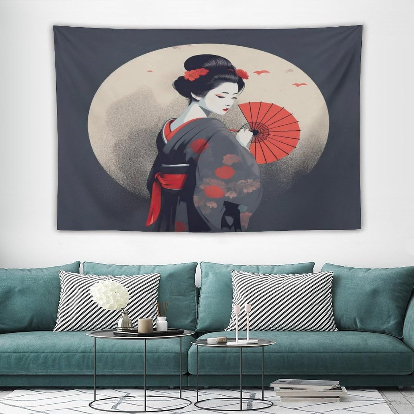 Japanese Woman Geisha Tapestry Asian Red Cherry Blossom Red Sun Traditional Kimono Folk Tapestries Home Decor for Living Room Bedroom Apartment Farmhouse Dorm 60"x40"