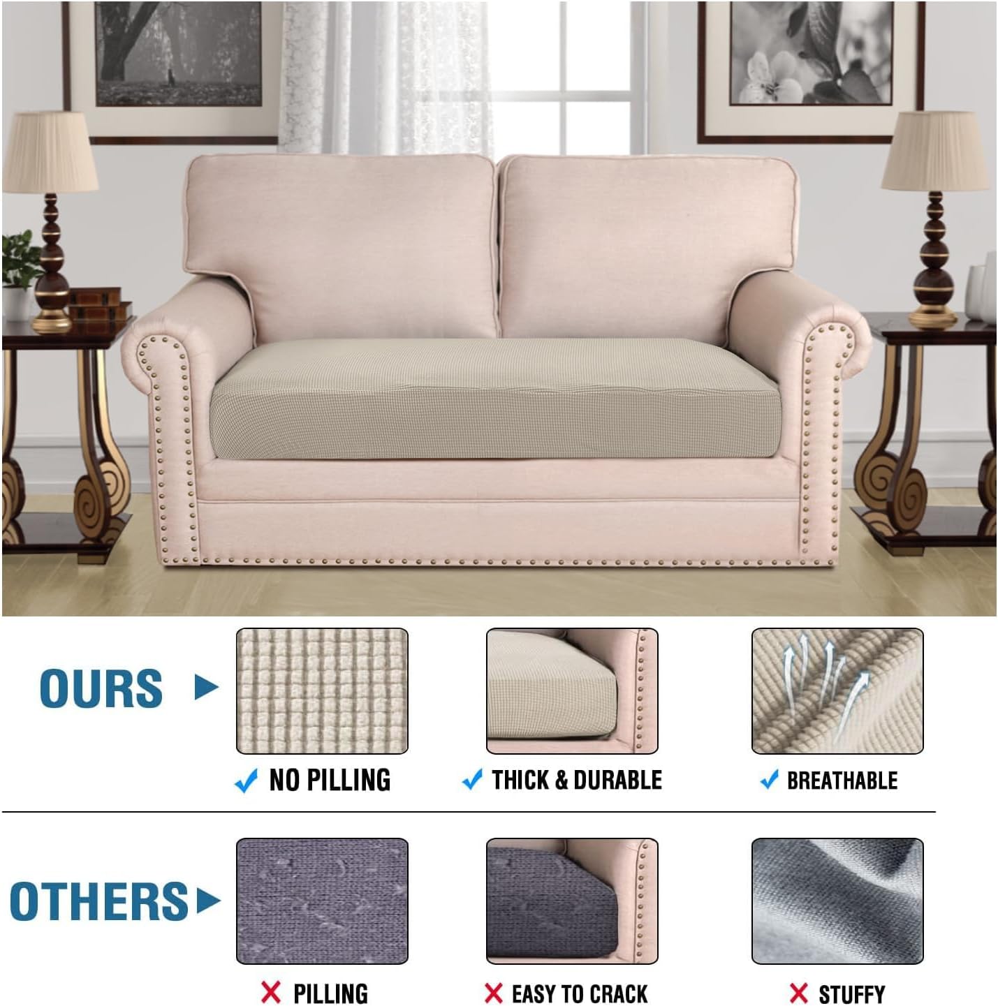 H.VERSAILTEX Super Stretch Individual Seat Cushion Covers Sofa Covers Couch Cushion Covers Slipcover Sets Thick Jacquard Textured Twill Fabric (1 Piece Loveseat Cushion Cover, Island Fossi)