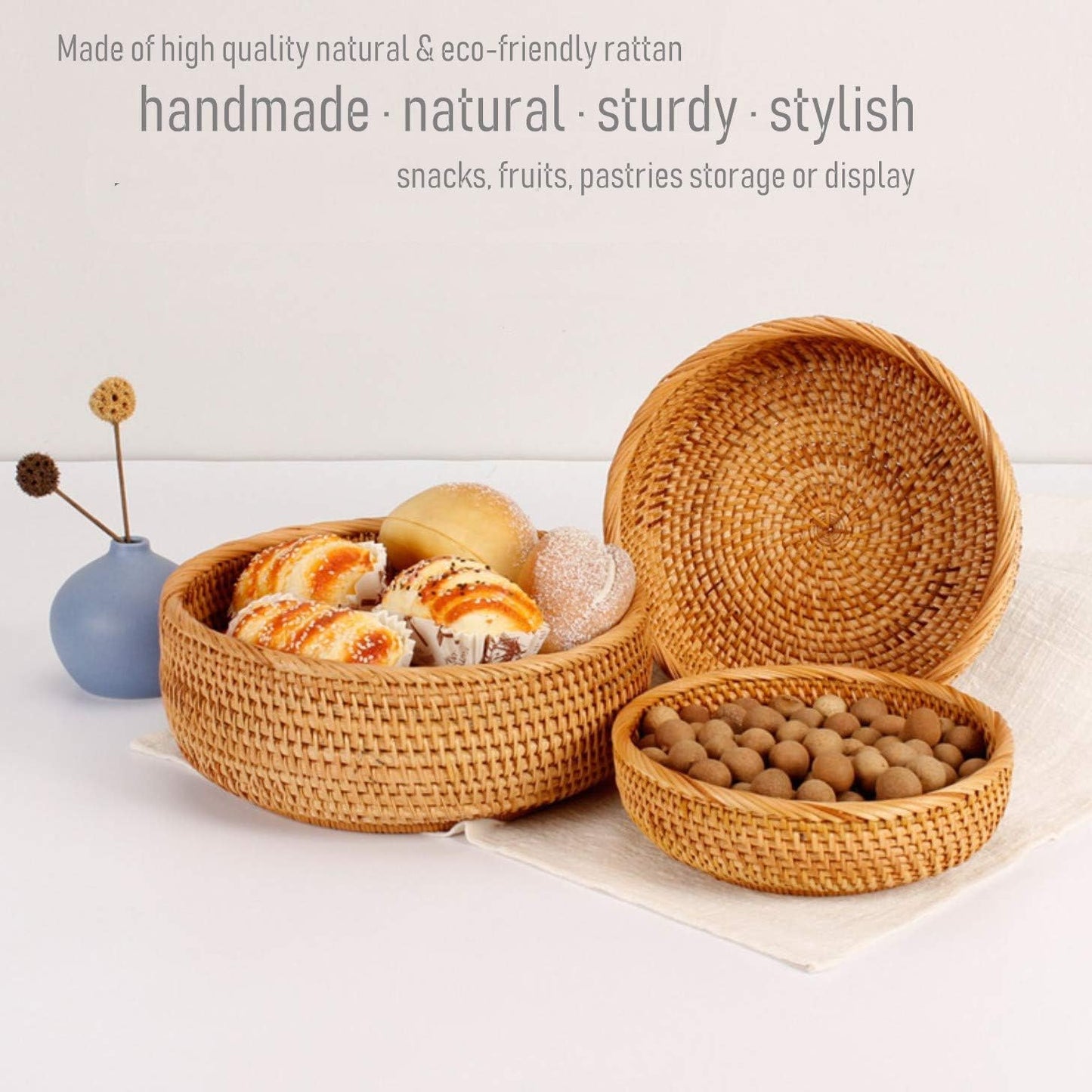 Hadewoven Round Rattan Fruit Basket Wicker Food Tray Weaving Storage Holder Dinning Room Bowl, 10 Inch Woven Bread Basket Key Bowls with 4”Wall for Table, Countertop (Large 9.8")