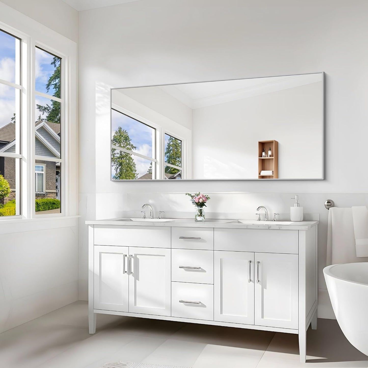 Silver Bathroom Mirror for Wall, 30x60 Inch Rectangle Mirrors with Metal Frame, Modern Vanity Large Wall Mirror for Bathroom Living Room, Entryway Hangs Horizontal or Vertical