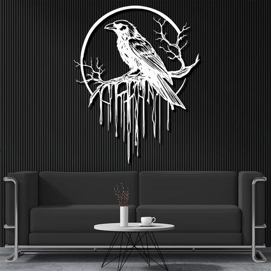 Crow Metal Wall Decor, Raven Wall Art, Large Gothic Raven Decor Hangings, Bird Wall Decor, Metal Tree Branch Decor, Ravens Sign, Raven Art for Living Room (White, 19"x15" | 47x38cm, metal wall art)
