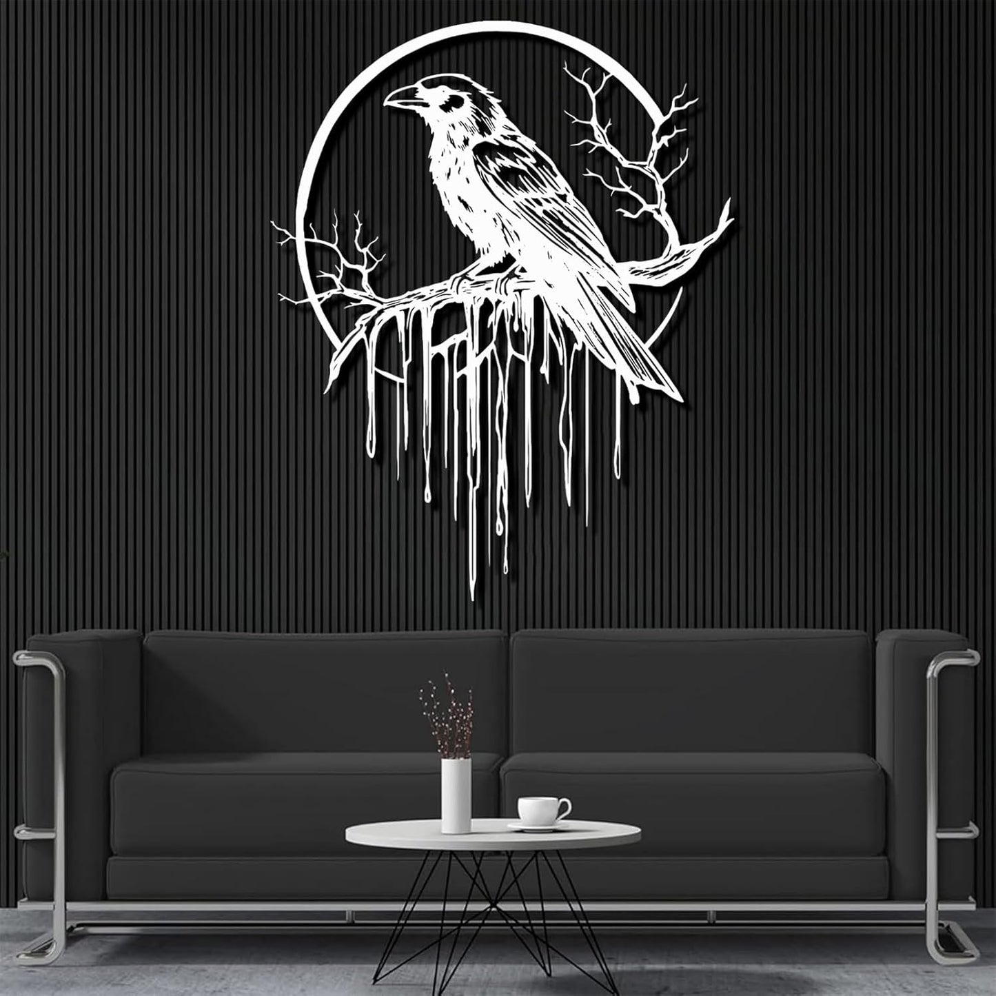 Crow Metal Wall Decor, Raven Wall Art, Large Gothic Raven Decor Hangings, Bird Wall Decor, Metal Tree Branch Decor, Ravens Sign, Raven Art for Living Room (White, 30"x24" |76x61cm, metal wall art)