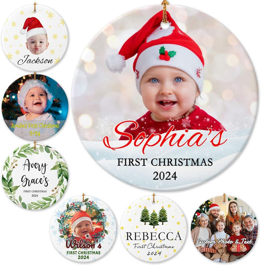 Personalized Baby Christmas Ornaments with Photo 2025 Custom Babys First Christmas Picture Name Ornaments,Double-Sided Ceramic Customized Xmas Ornaments for Christmas Tree