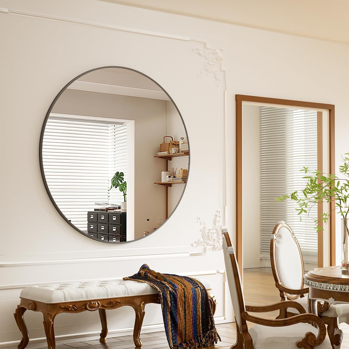 BEAUTYPEAK 42 Inch Round Mirror, Metal Frame Circle Mirror, Wall Mounted for Entryway, Bathroom, Vanity, Living Room, Black